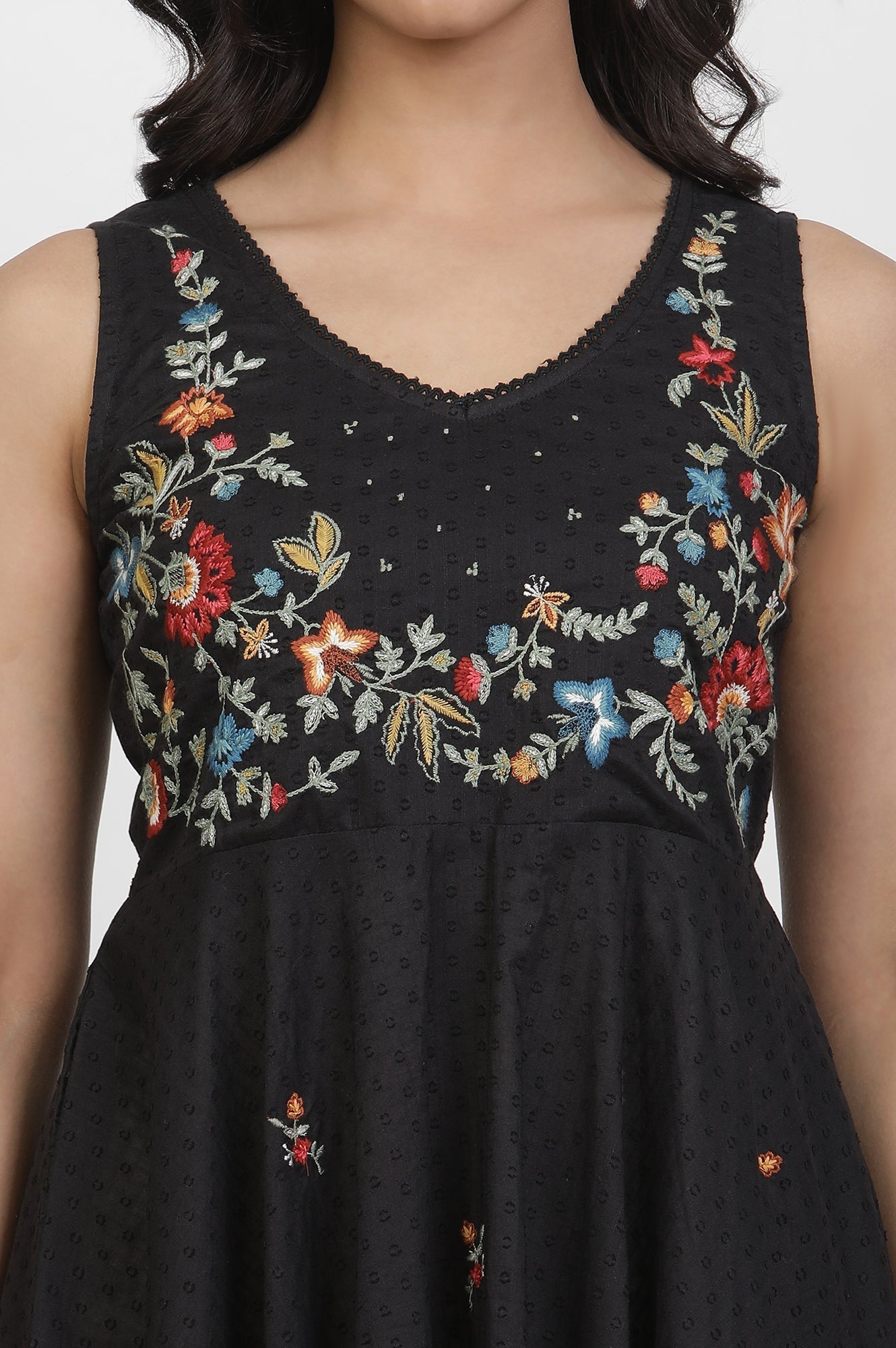W for Woman Black Cotton Sleeveless Dress With Embroidery