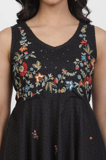 W for Woman Black Cotton Sleeveless Dress With Embroidery