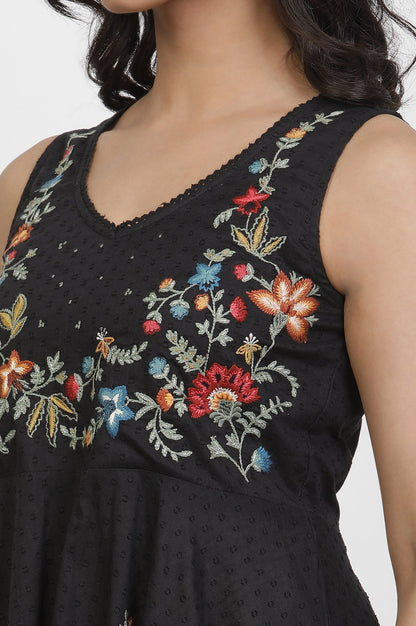 W for Woman Black Cotton Sleeveless Dress With Embroidery