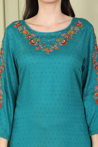 W for Woman Teal Thread Embroidered Neck Textured Dobby Straight Kurta