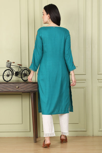 W for Woman Teal Thread Embroidered Neck Textured Dobby Straight Kurta