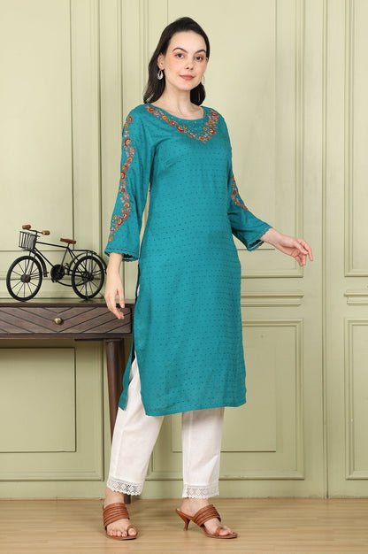 W for Woman Teal Thread Embroidered Neck Textured Dobby Straight Kurta