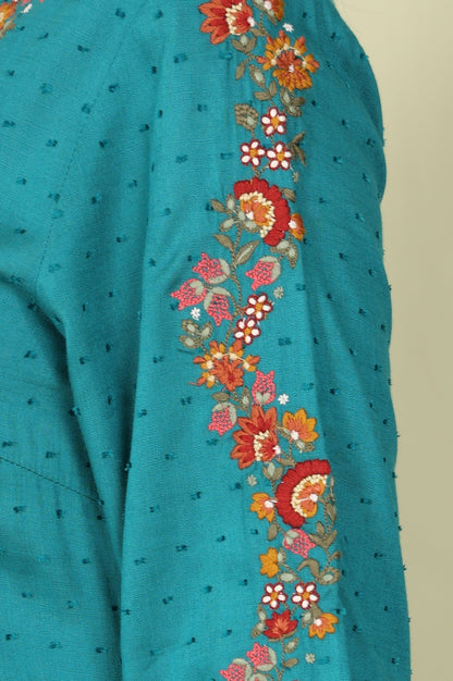 W for Woman Teal Thread Embroidered Neck Textured Dobby Straight Kurta