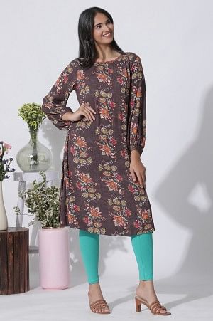 W for Woman Dark Brown Floral Printed Straight Kurta