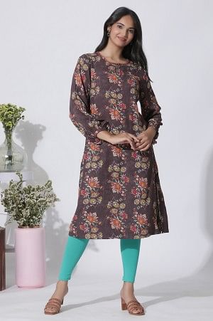 W for Woman Dark Brown Floral Printed Straight Kurta