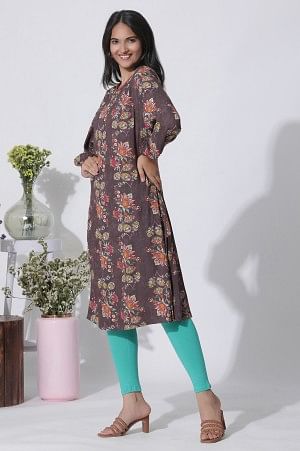 W for Woman Dark Brown Floral Printed Straight Kurta