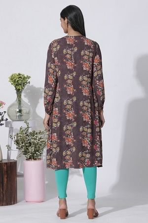 W for Woman Dark Brown Floral Printed Straight Kurta