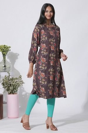 W for Woman Dark Brown Floral Printed Straight Kurta