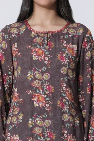 W for Woman Dark Brown Floral Printed Straight Kurta