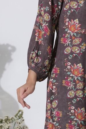 W for Woman Dark Brown Floral Printed Straight Kurta