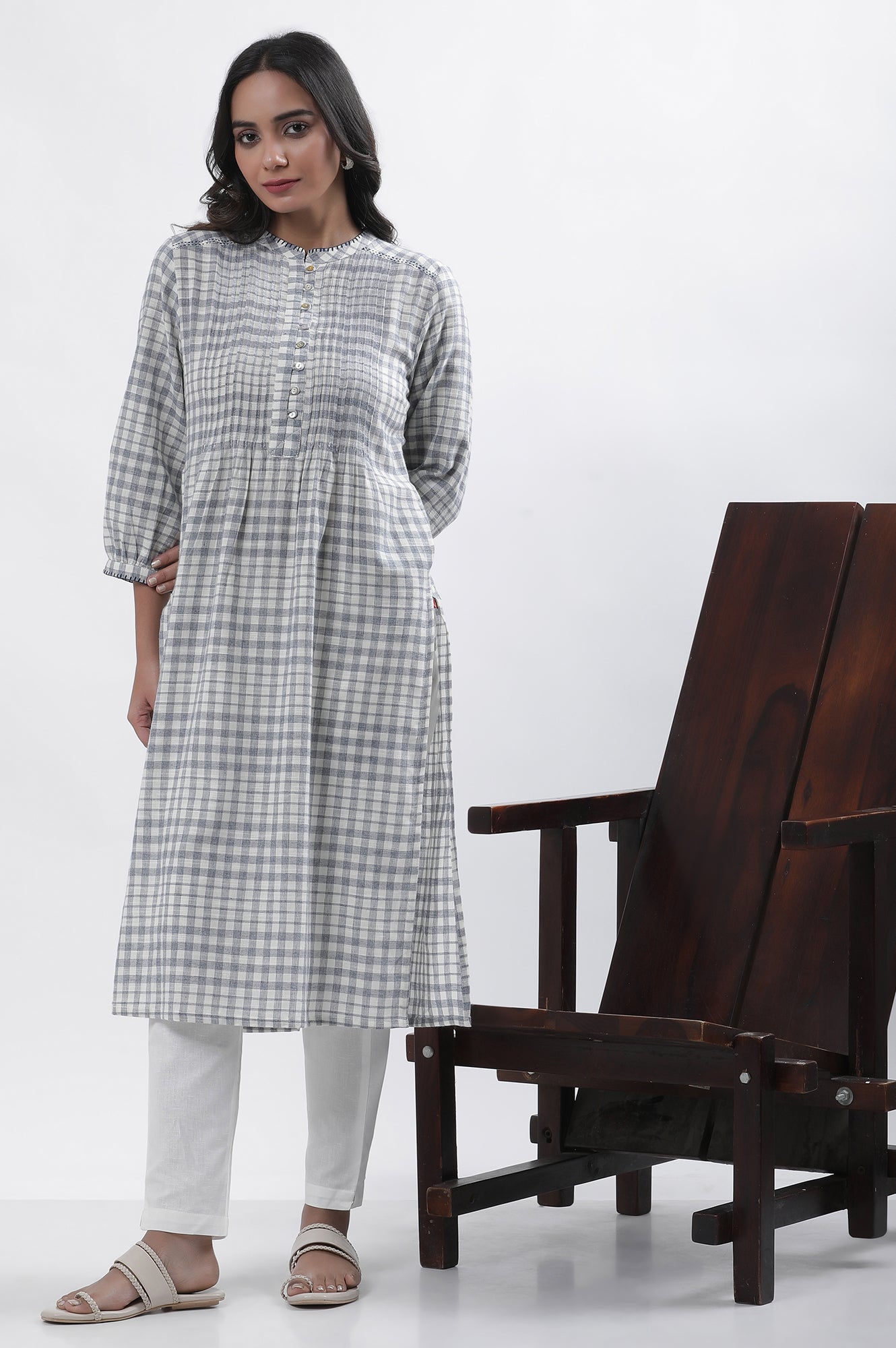 W for Woman White And Blue Checker Cotton Blend Kurta