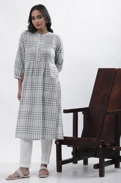 W for Woman White And Blue Checker Cotton Blend Kurta
