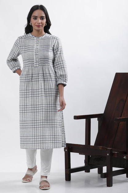 W for Woman White And Blue Checker Cotton Blend Kurta