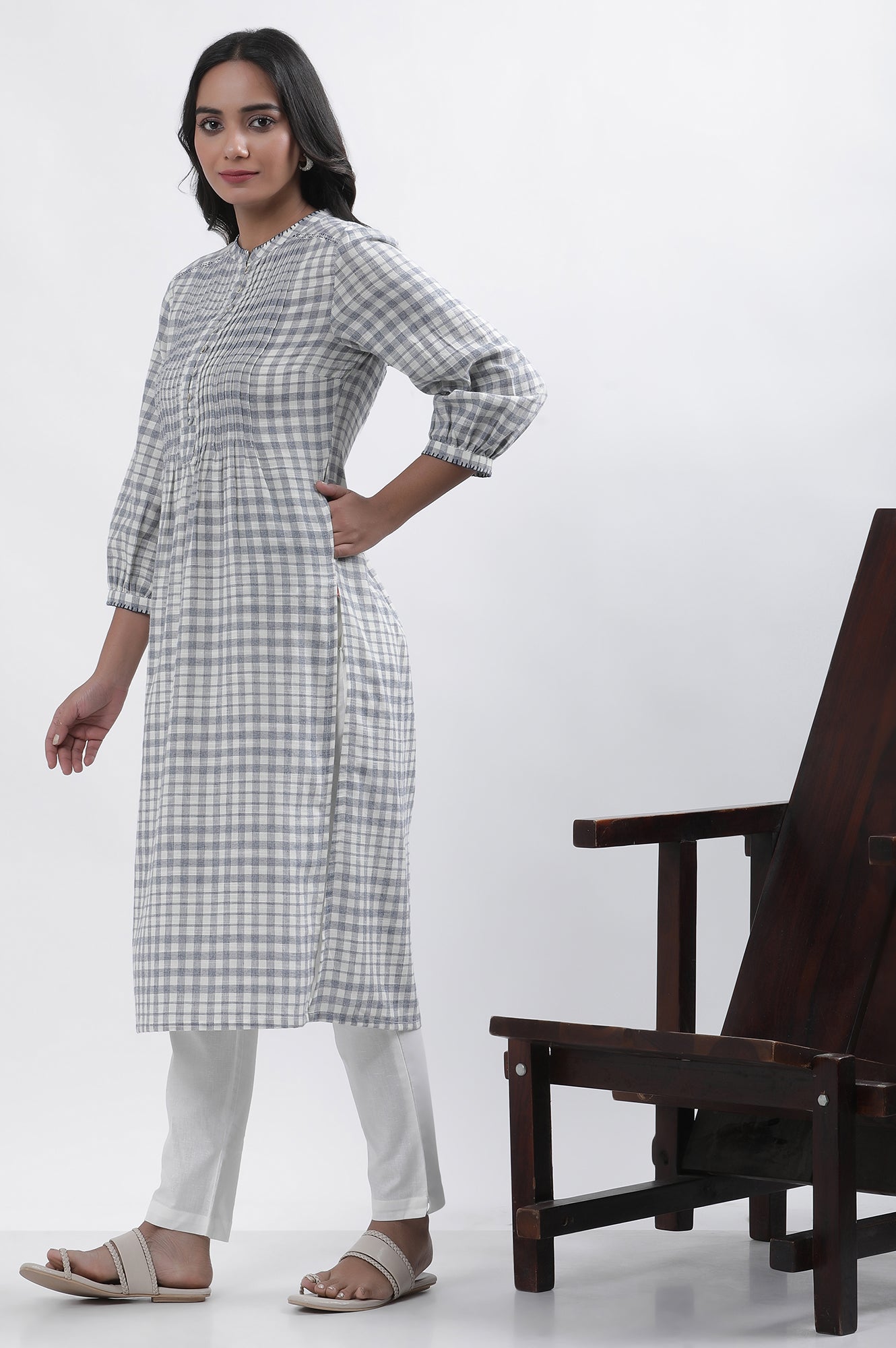 W for Woman White And Blue Checker Cotton Blend Kurta