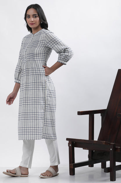 W for Woman White And Blue Checker Cotton Blend Kurta