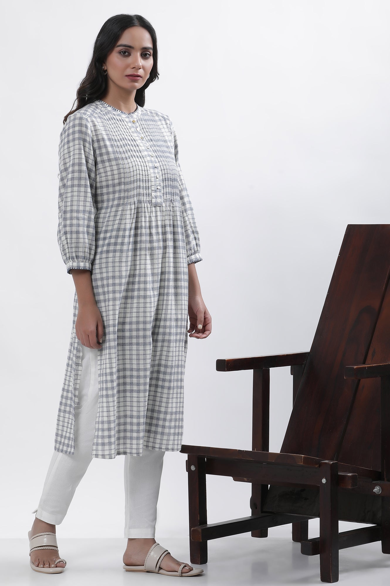 W for Woman White And Blue Checker Cotton Blend Kurta