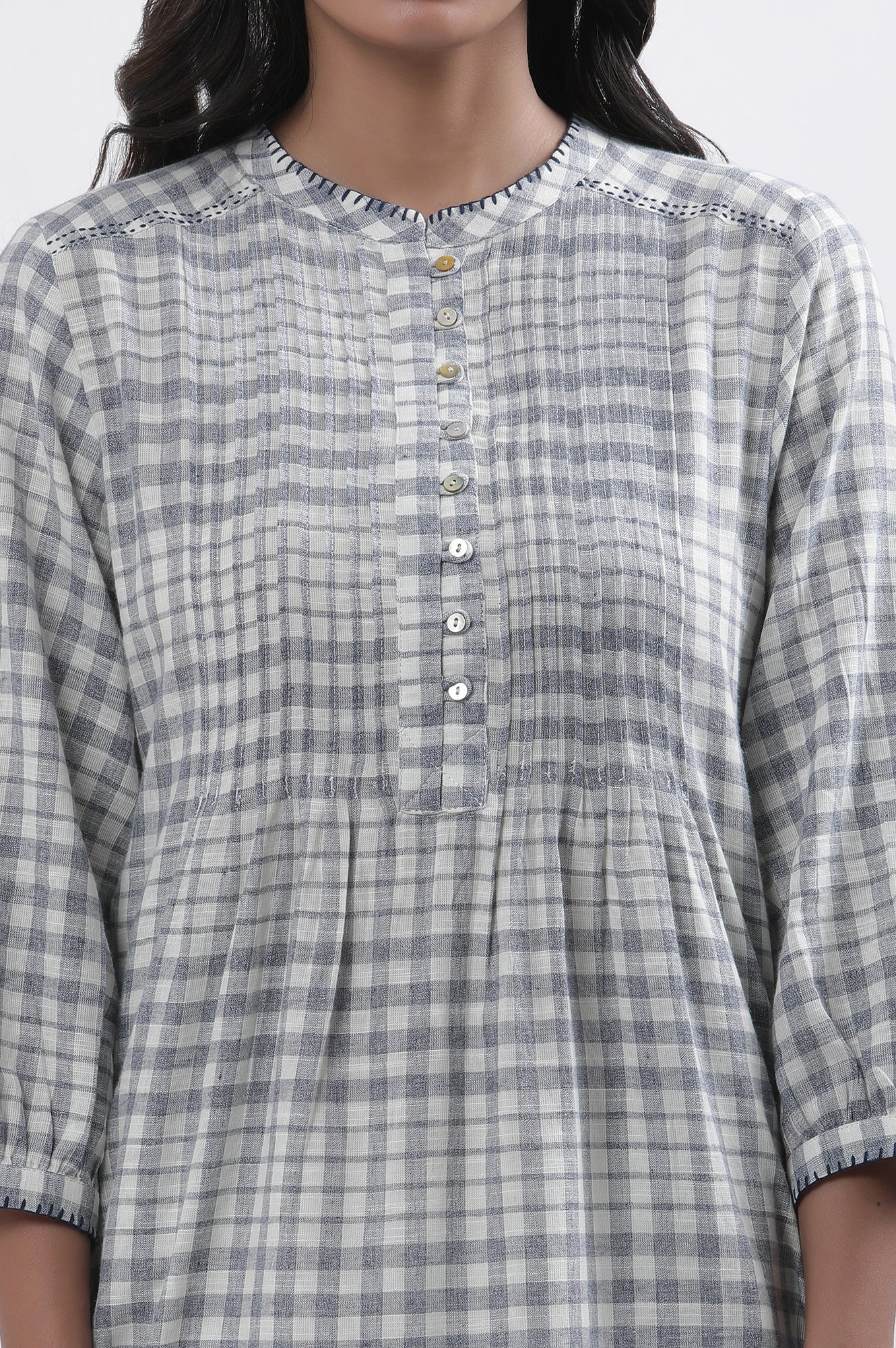 W for Woman White And Blue Checker Cotton Blend Kurta