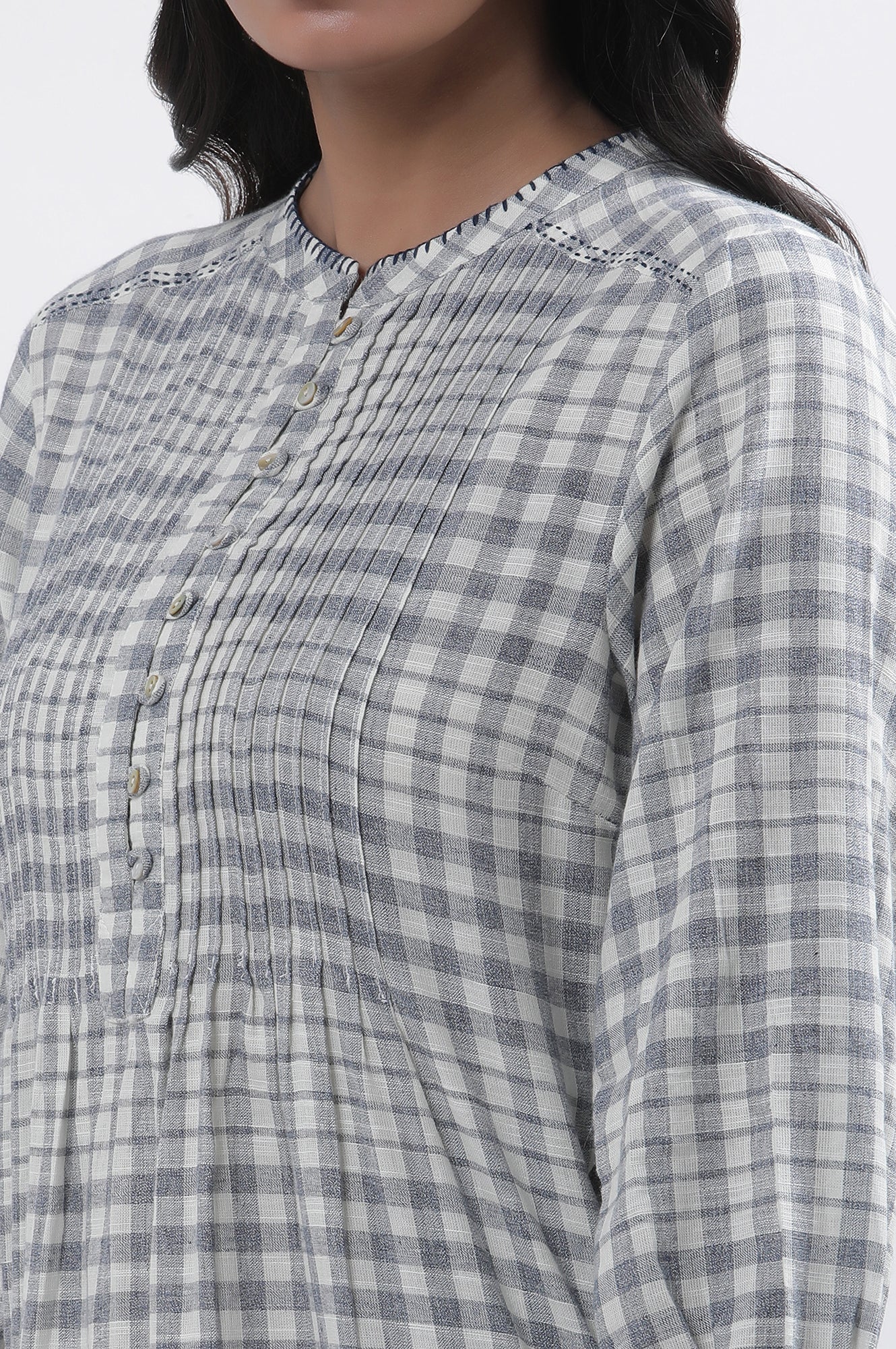 W for Woman White And Blue Checker Cotton Blend Kurta