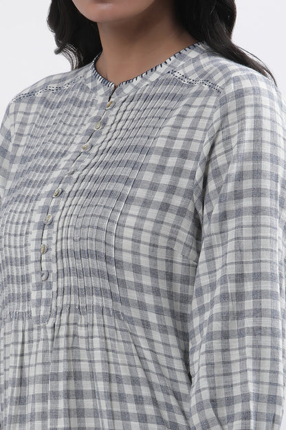 W for Woman White And Blue Checker Cotton Blend Kurta