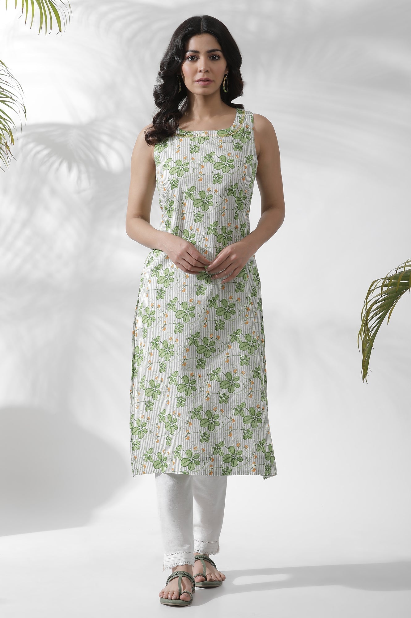 W for Woman White Floral Printed Sleeveless Cotton Kurta