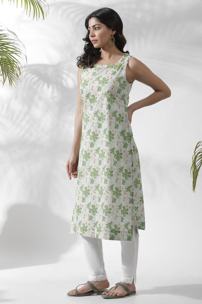 W for Woman White Floral Printed Sleeveless Cotton Kurta