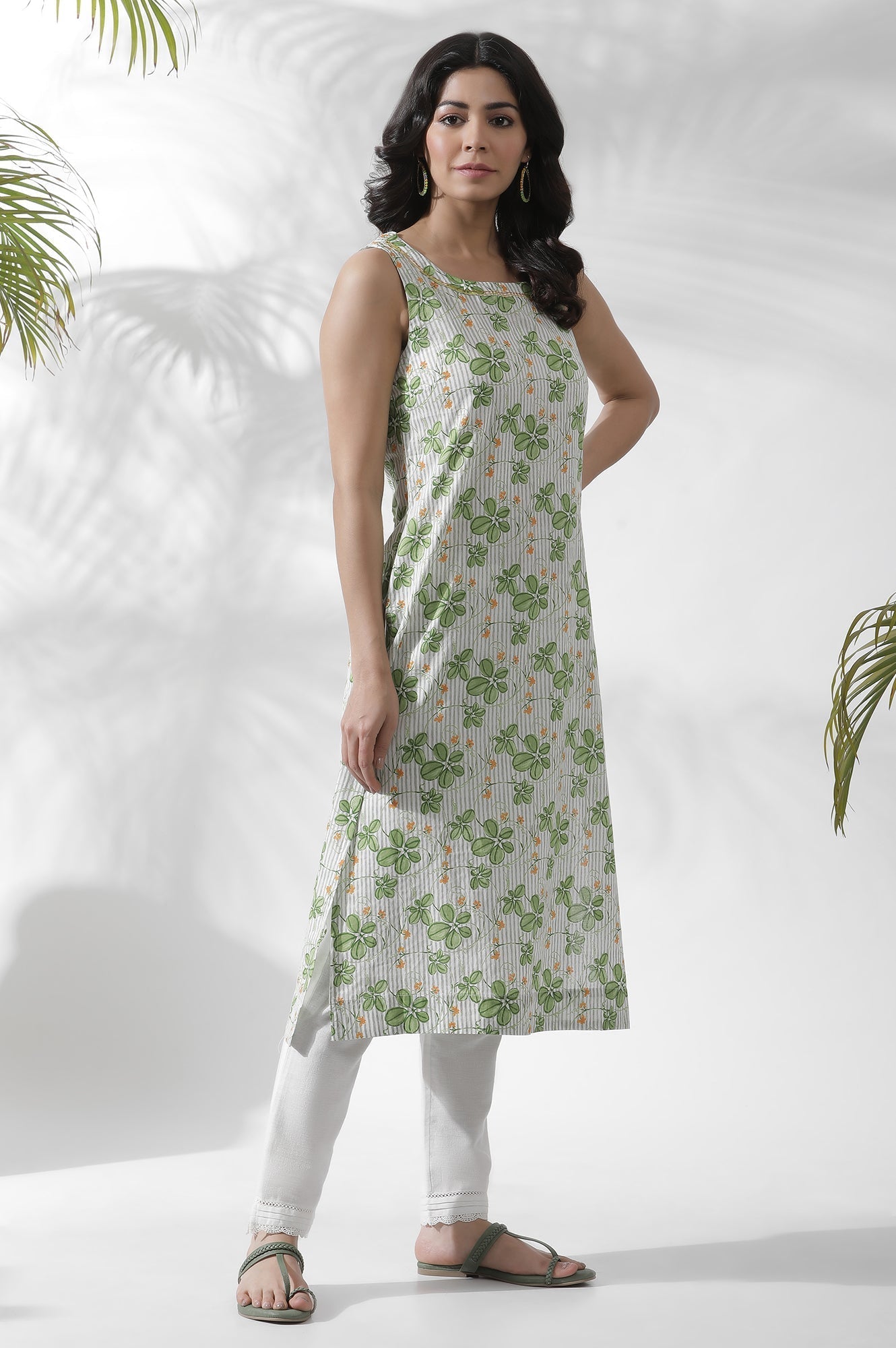 W for Woman White Floral Printed Sleeveless Cotton Kurta