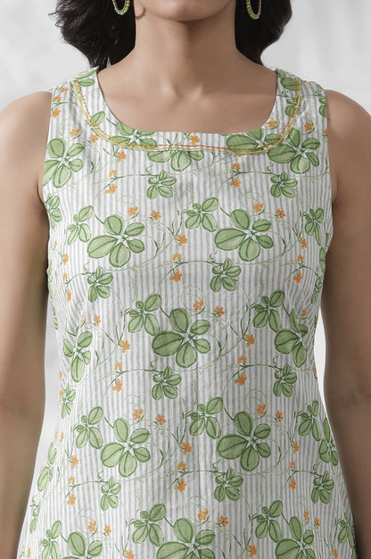 W for Woman White Floral Printed Sleeveless Cotton Kurta