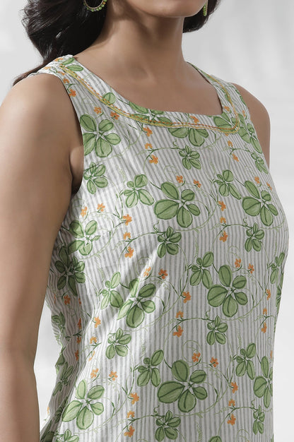 W for Woman White Floral Printed Sleeveless Cotton Kurta