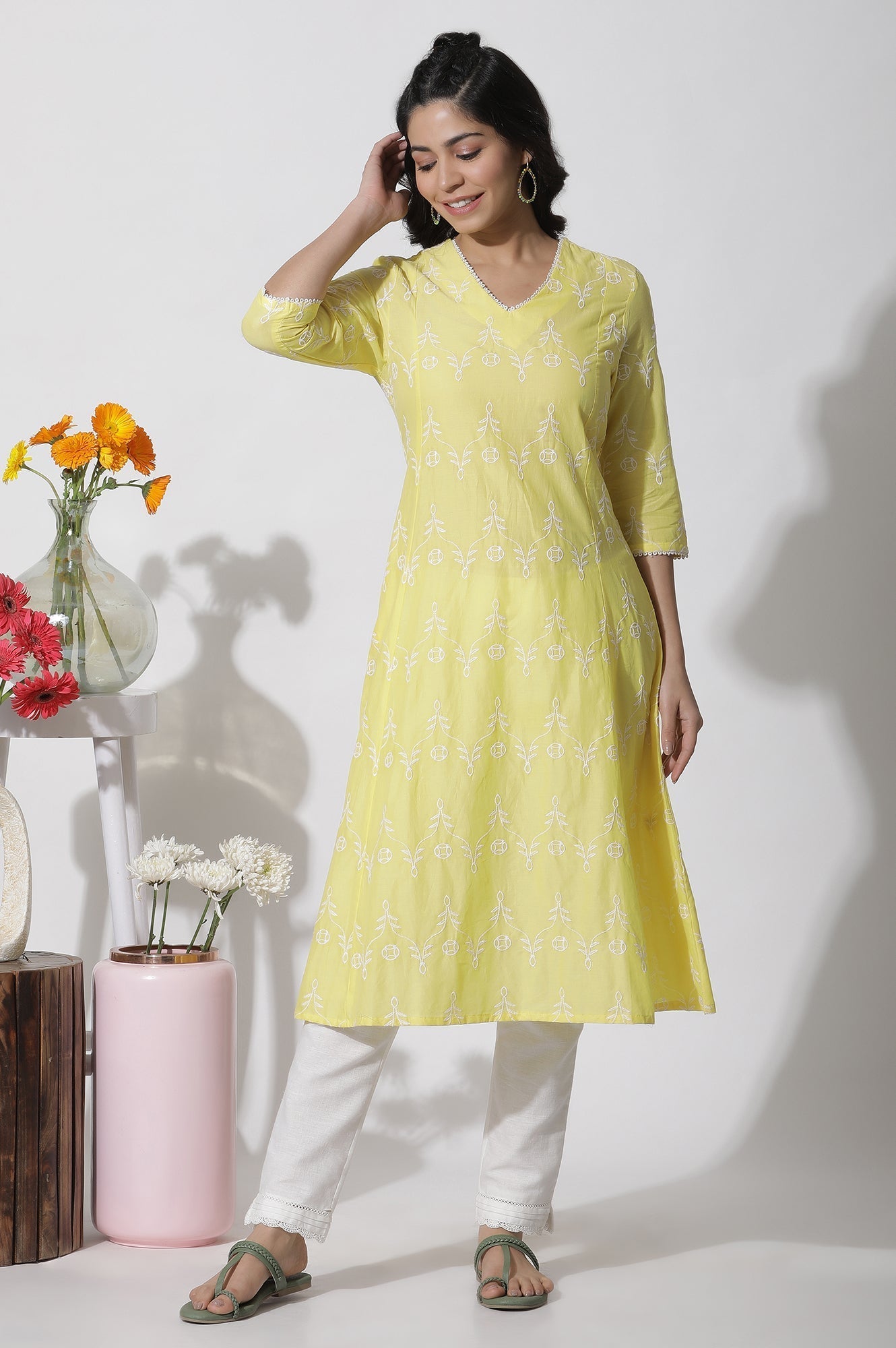 W for Woman Yellow Schiffli Flared Kurta