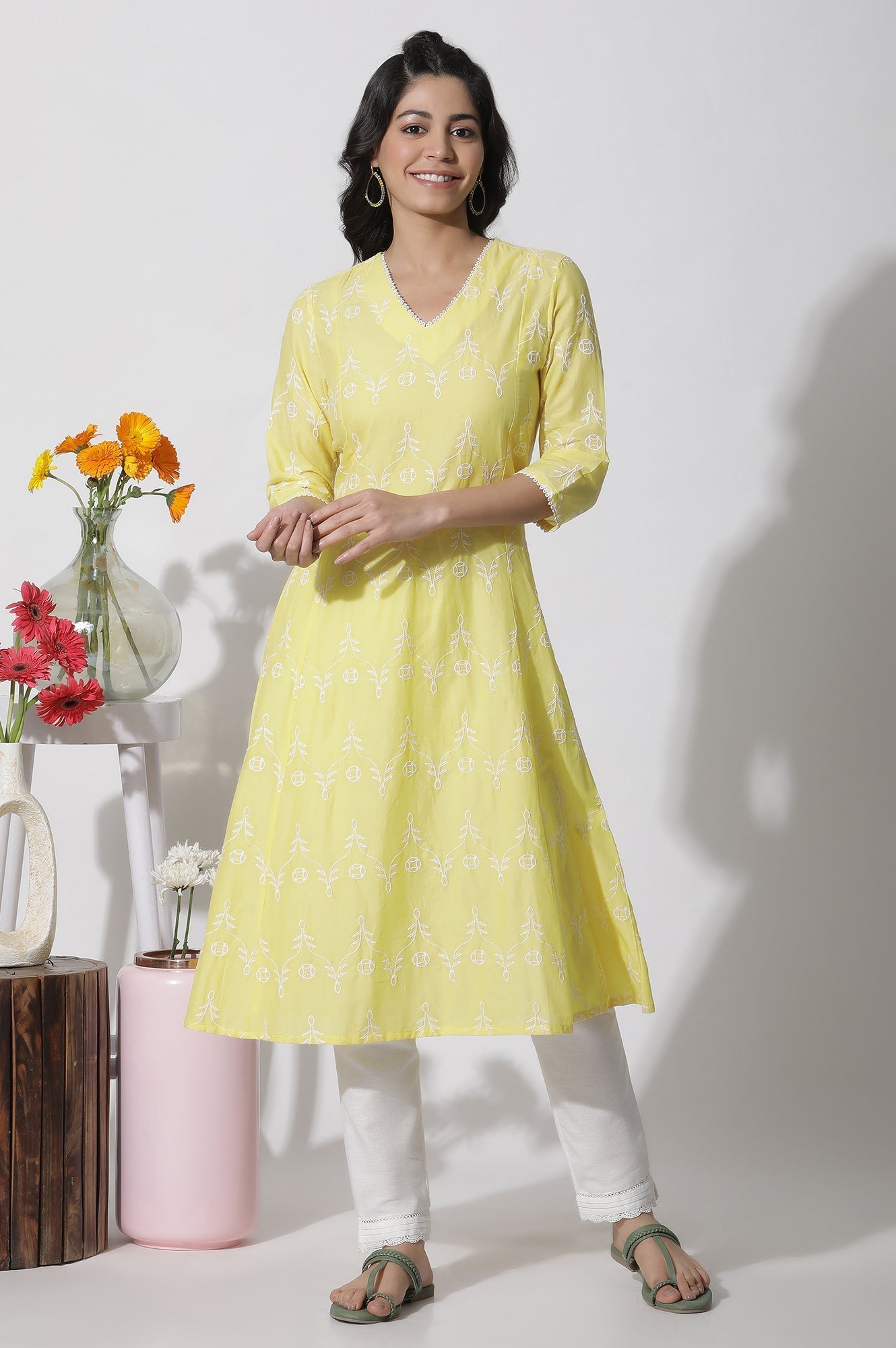 W for Woman Yellow Schiffli Flared Kurta