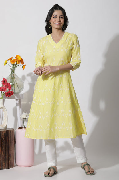 W for Woman Yellow Schiffli Flared Kurta