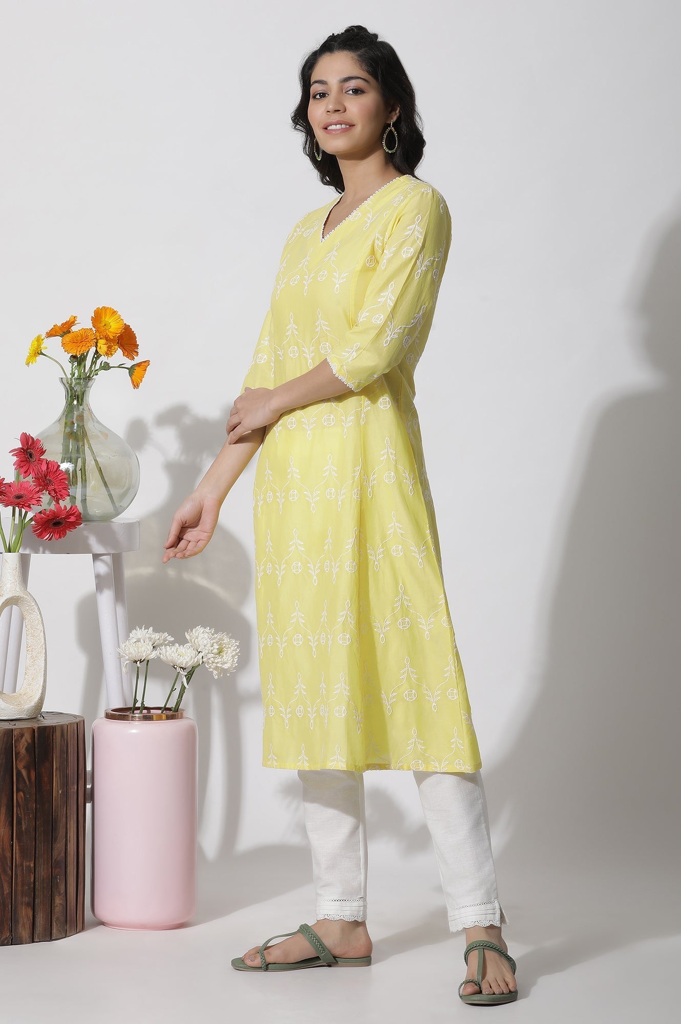 W for Woman Yellow Schiffli Flared Kurta