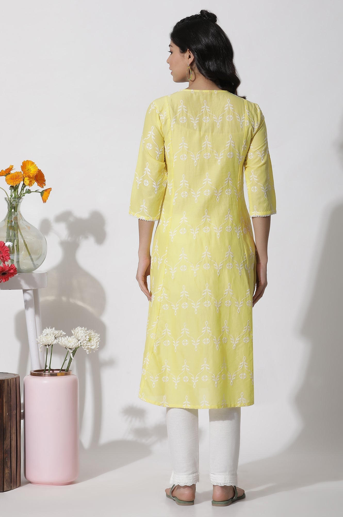 W for Woman Yellow Schiffli Flared Kurta