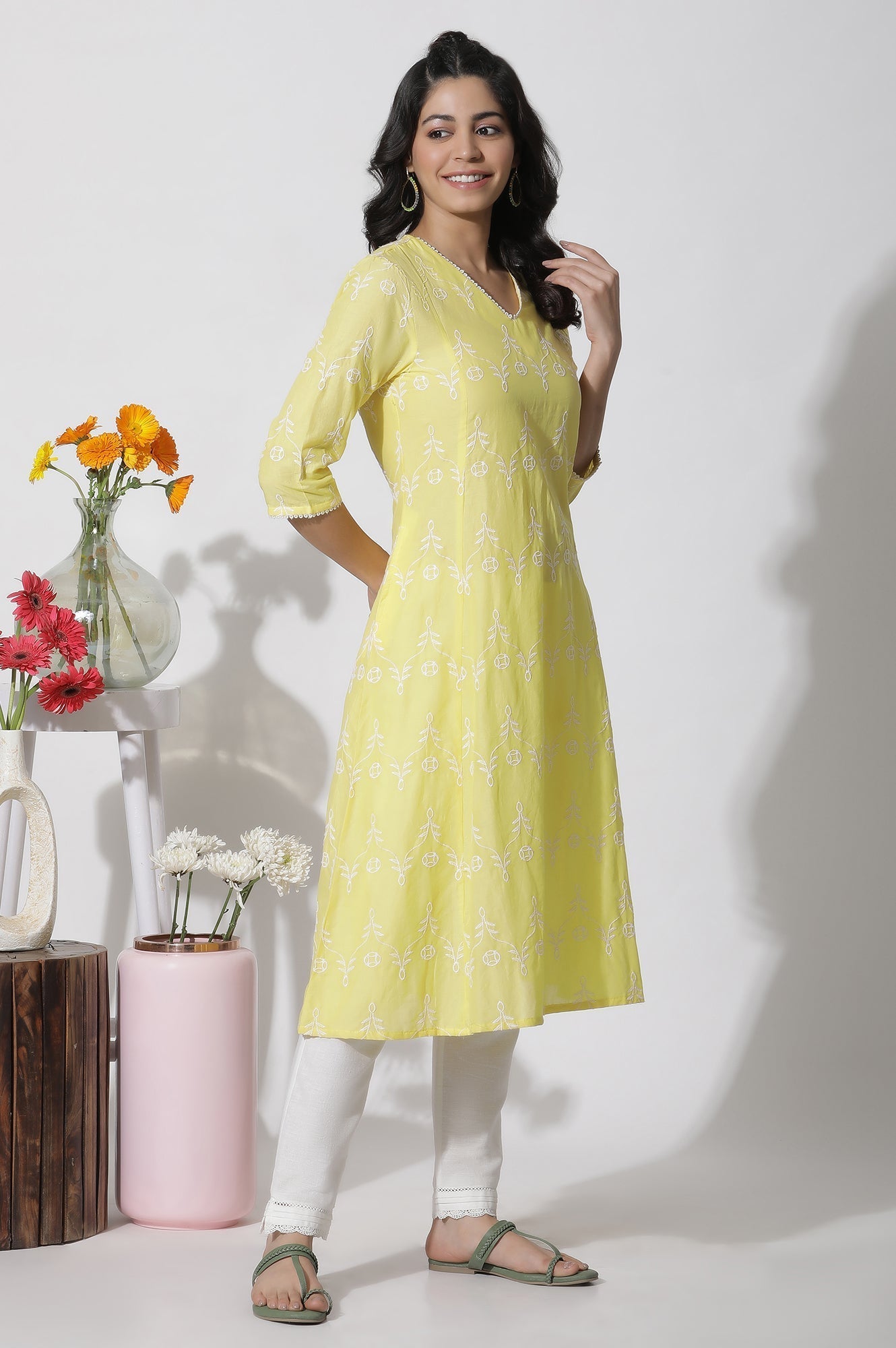 W for Woman Yellow Schiffli Flared Kurta