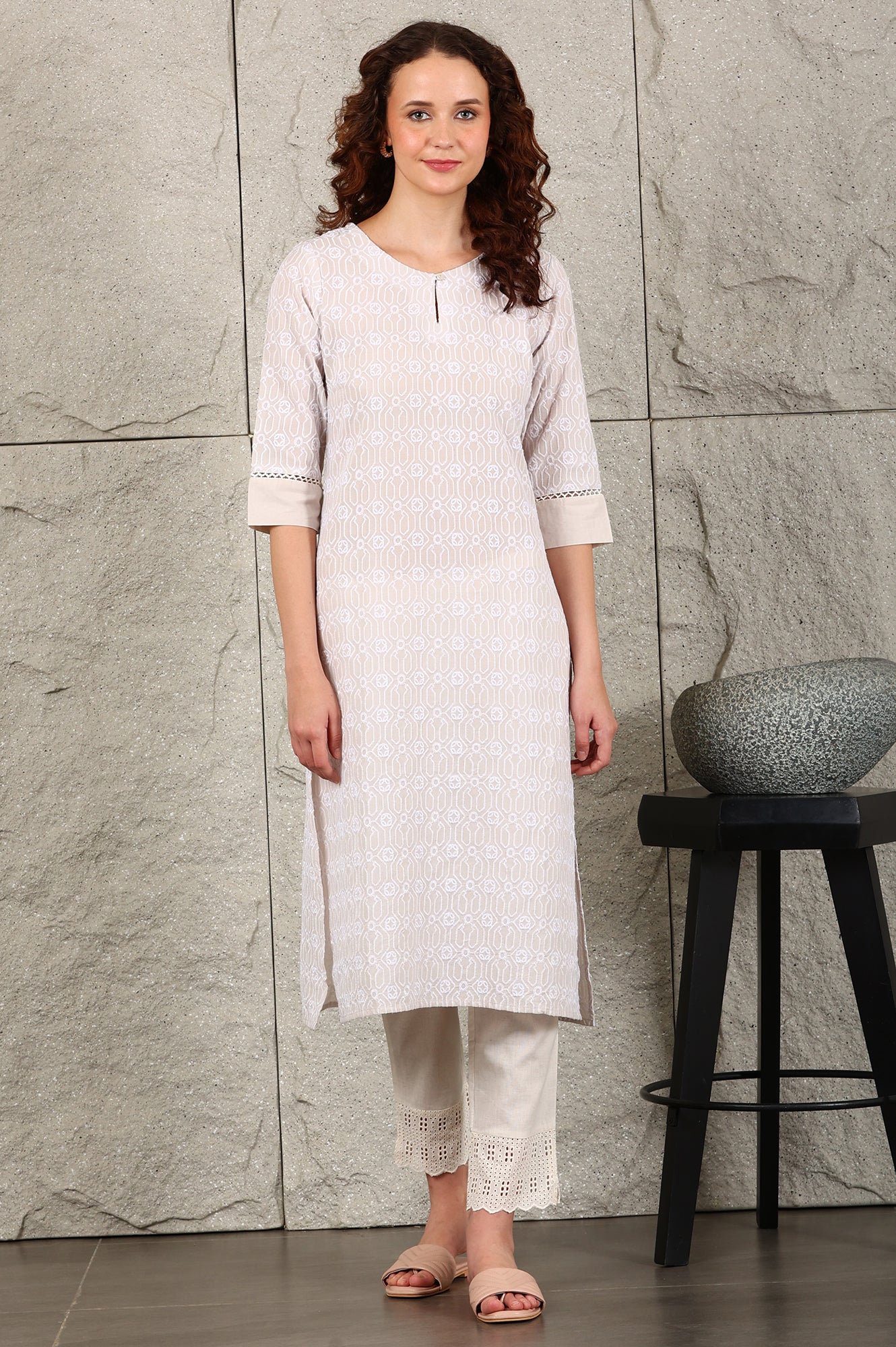 W for Woman Light Grey Schiffli Embroidered Pure Cotton Straight Kurta