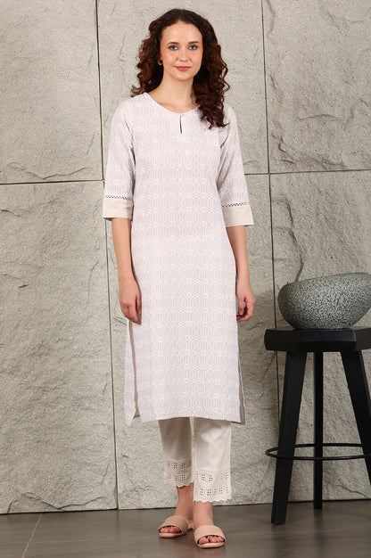 W for Woman Light Grey Schiffli Embroidered Pure Cotton Straight Kurta