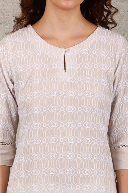W for Woman Light Grey Schiffli Embroidered Pure Cotton Straight Kurta