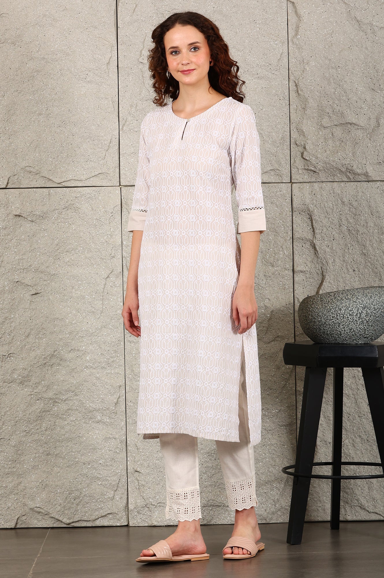 W for Woman Light Grey Schiffli Embroidered Pure Cotton Straight Kurta