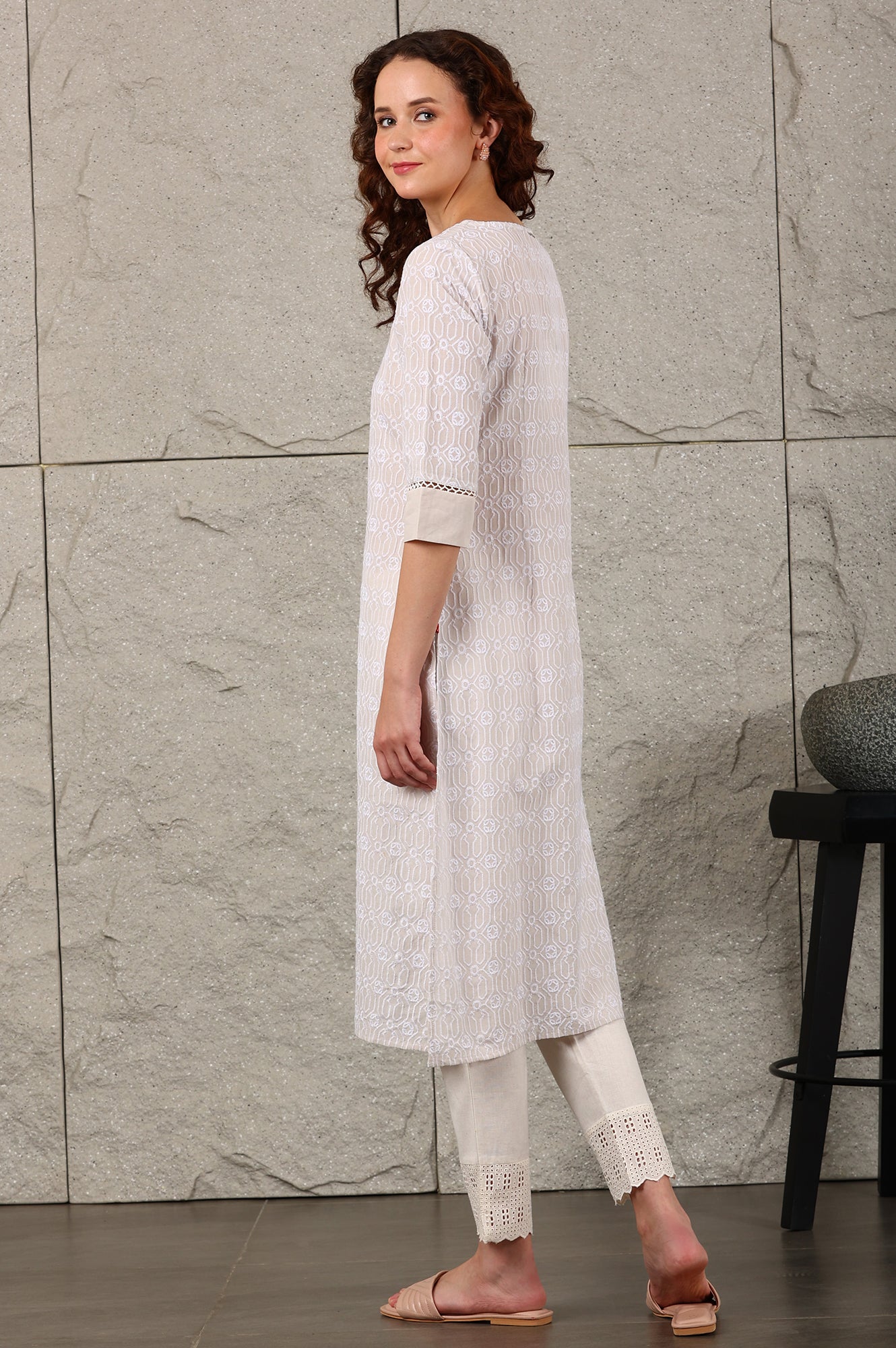 W for Woman Light Grey Schiffli Embroidered Pure Cotton Straight Kurta