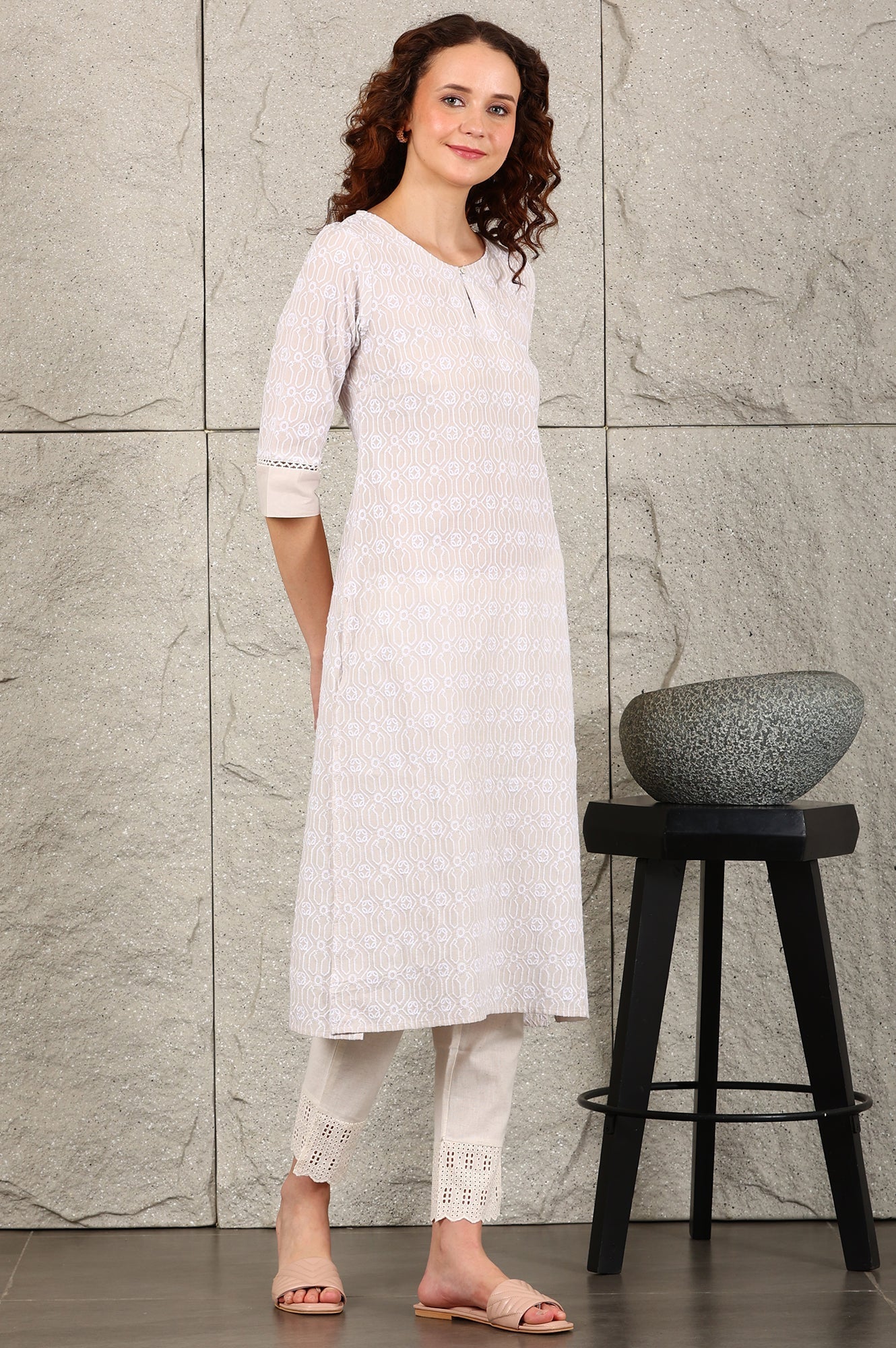 W for Woman Light Grey Schiffli Embroidered Pure Cotton Straight Kurta