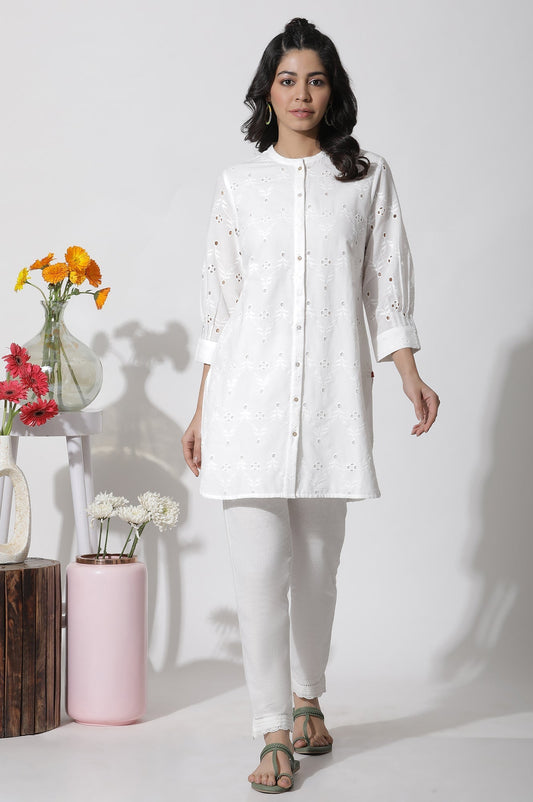 W for Woman White Schiffli Cotton Short Kurta
