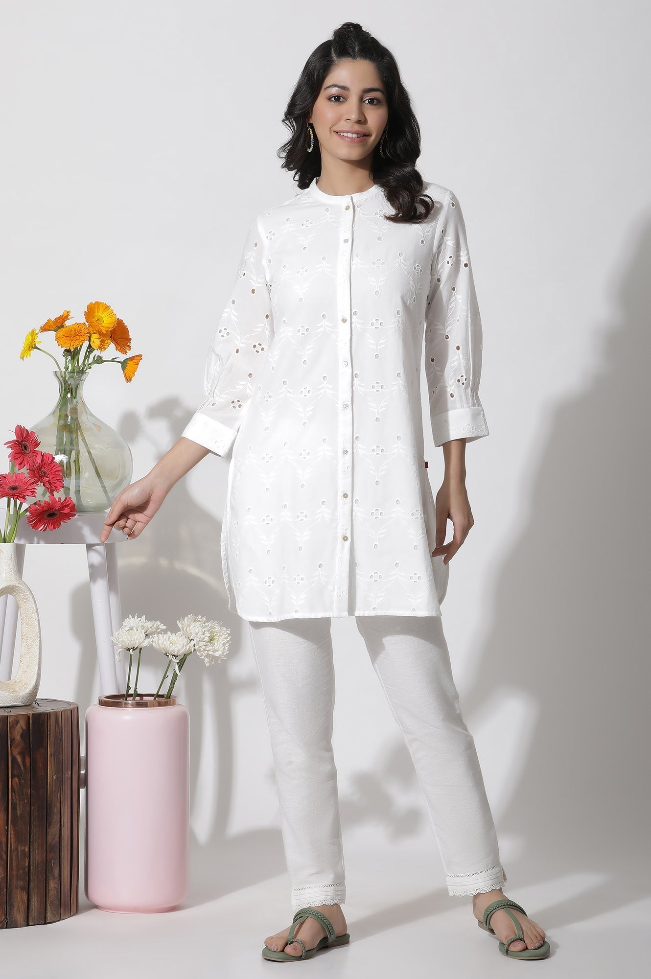 W for Woman White Schiffli Cotton Short Kurta