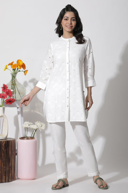 W for Woman White Schiffli Cotton Short Kurta