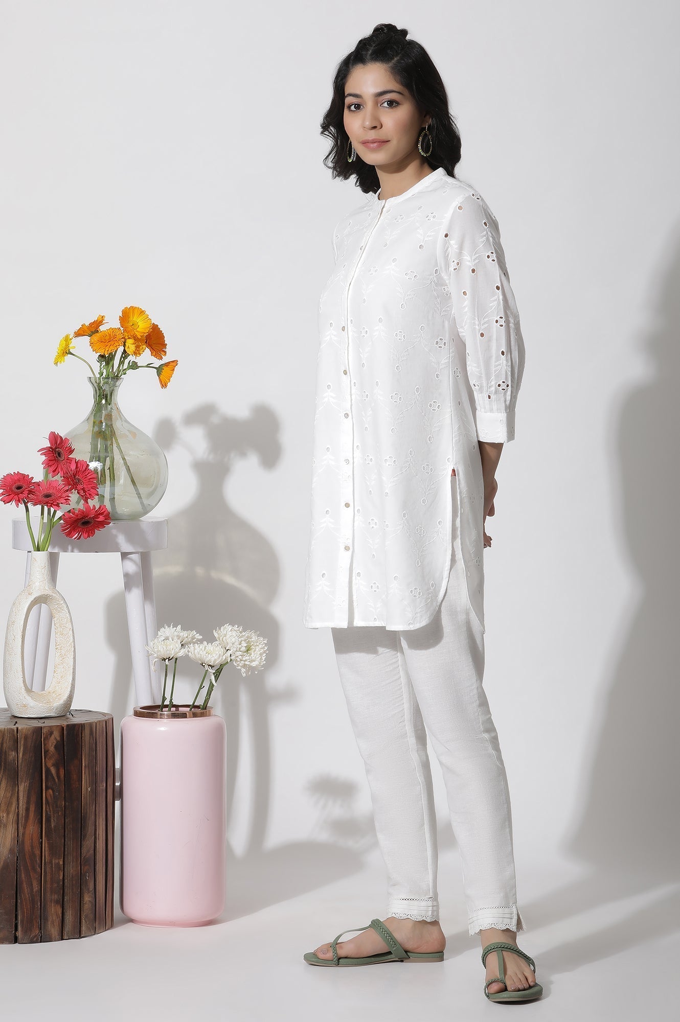 W for Woman White Schiffli Cotton Short Kurta
