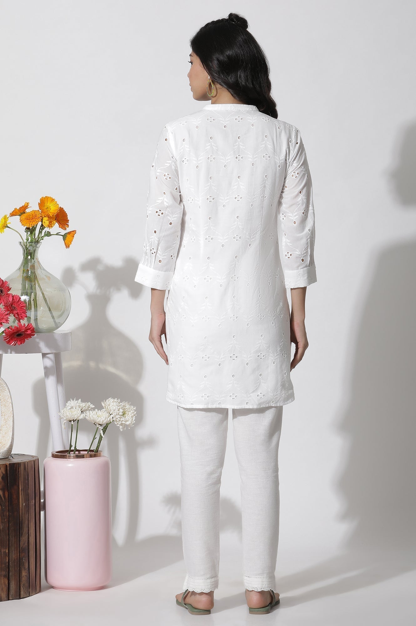 W for Woman White Schiffli Cotton Short Kurta