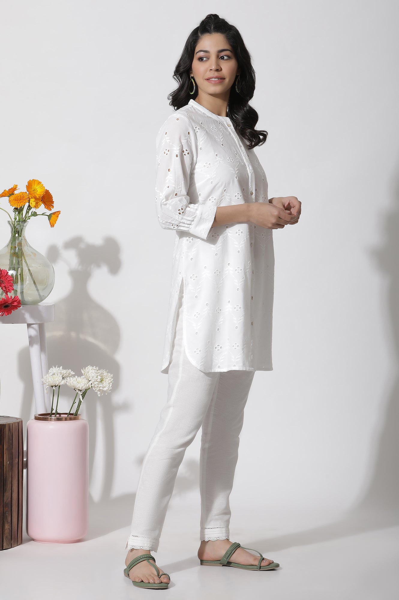 W for Woman White Schiffli Cotton Short Kurta