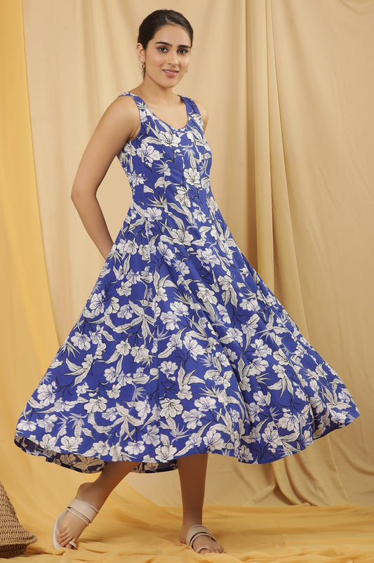 W for Woman Blue Floral Printed Sleeveless Panelled Dress