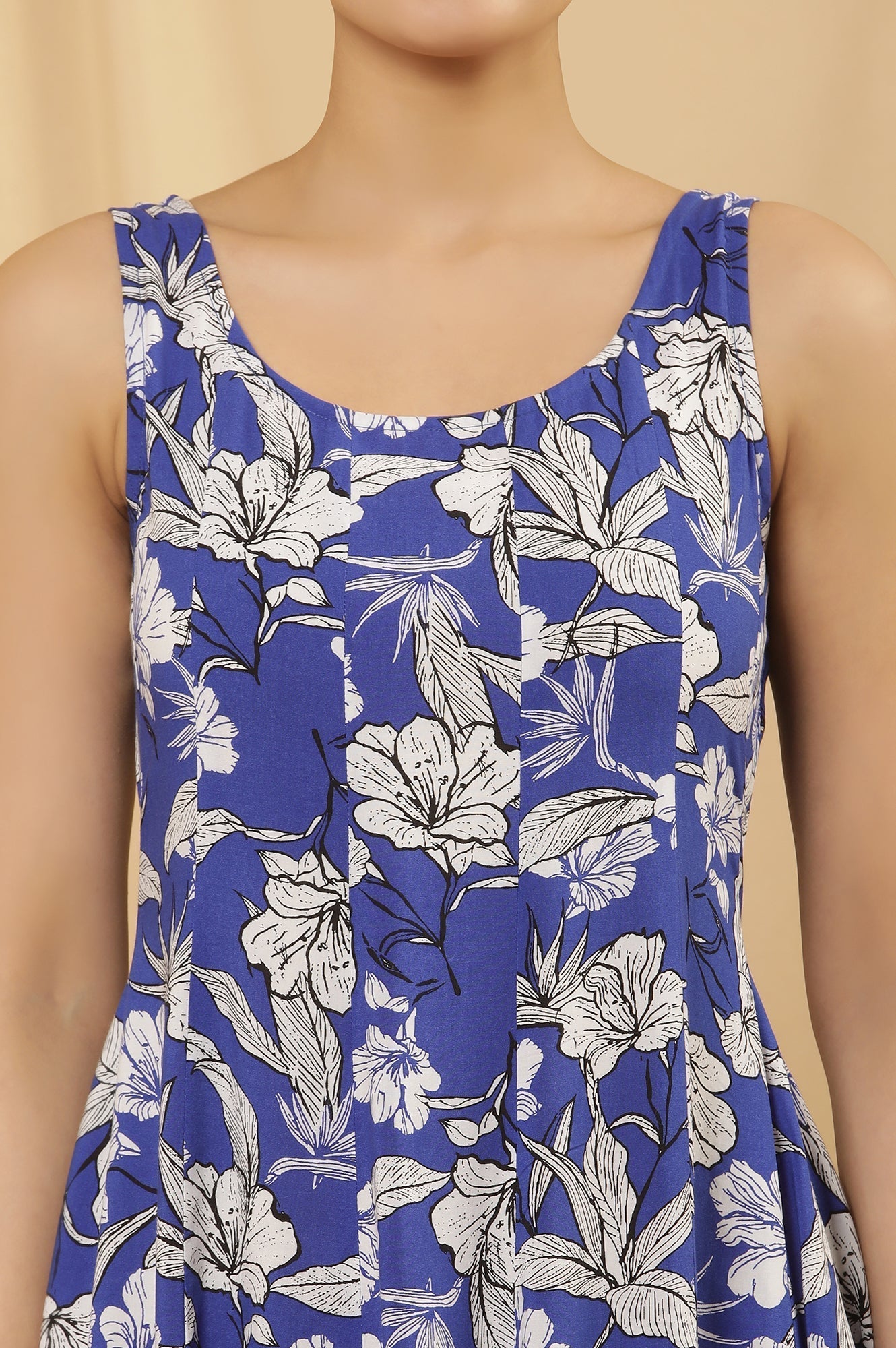 W for Woman Blue Floral Printed Sleeveless Panelled Dress