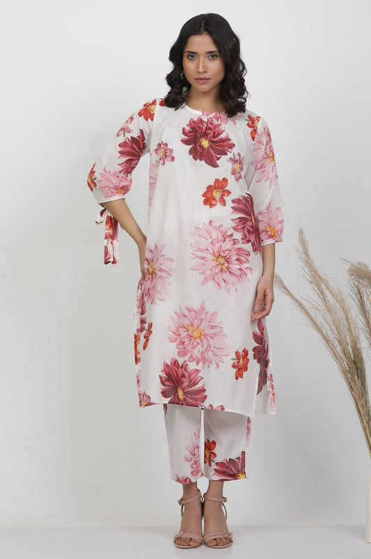 W for Woman White Cotton Bold Floral Printed Kurta
