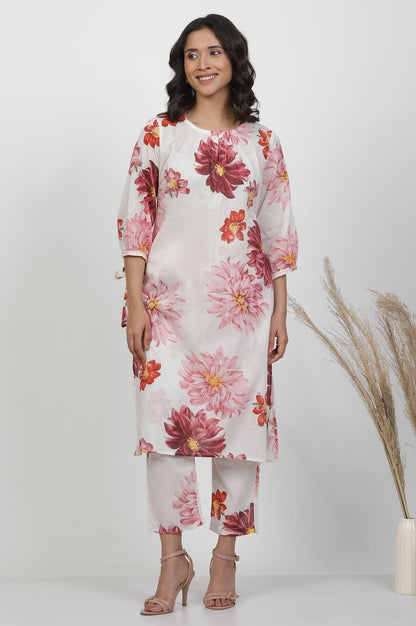 W for Woman White Cotton Bold Floral Printed Kurta